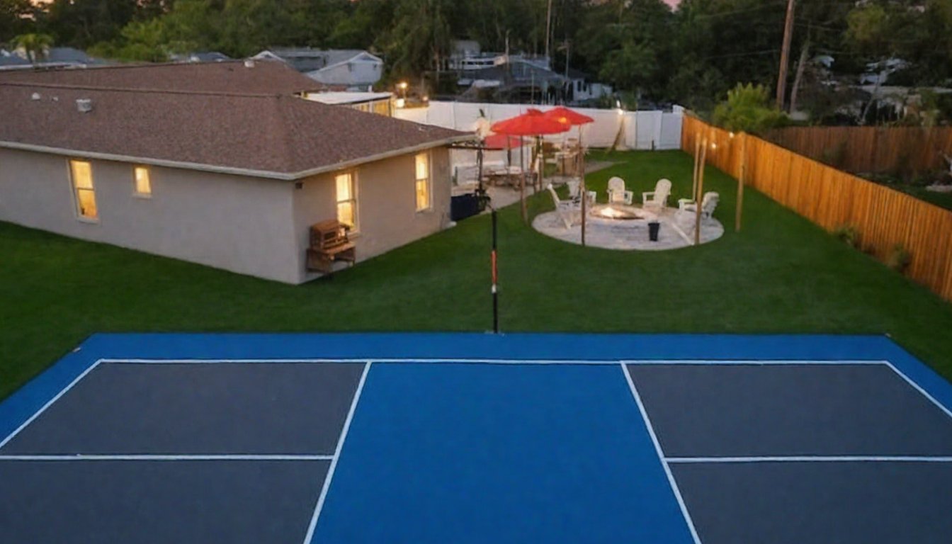 After, at dusk: a dark-blue court in front of a round paver fire-pit lounge with adirondack chairs and string lights, the home's windows glowing warm